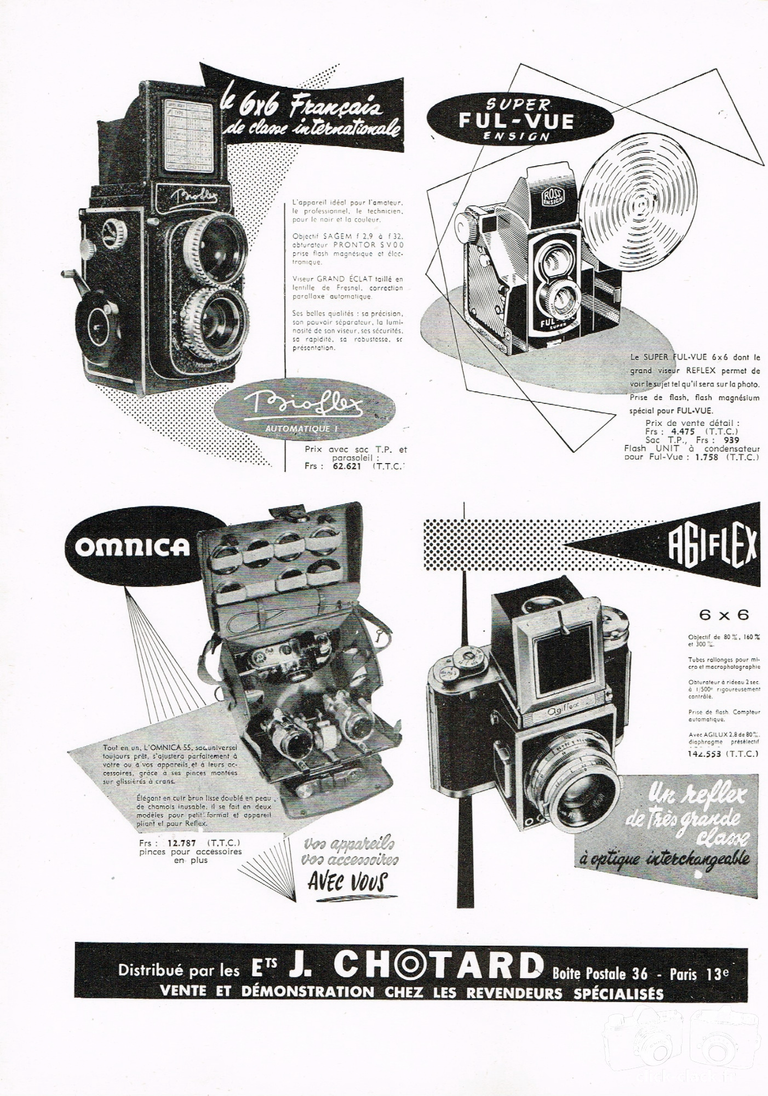 Chotard - Agiflex, Sac Omnica, Super Ful Vue 6x6, Alsaphot Bioflex - juillet 1956 - Photo Cinéma