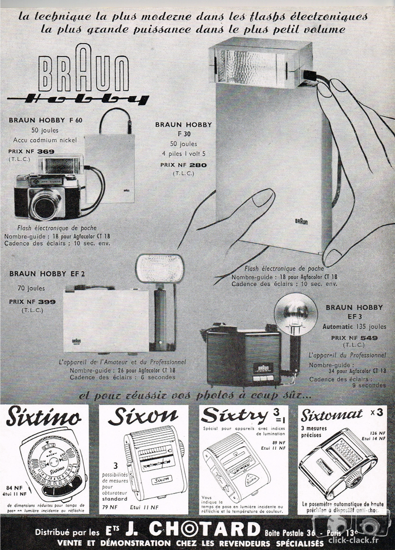 Chotard - Braun Hobby F60, Braun Hobby EF2, Braun Hobby EF3, Gossen Sixtino, Sixon, Sixtry 3, Sixtomat - décembre 1960 - Photo Cinéma
