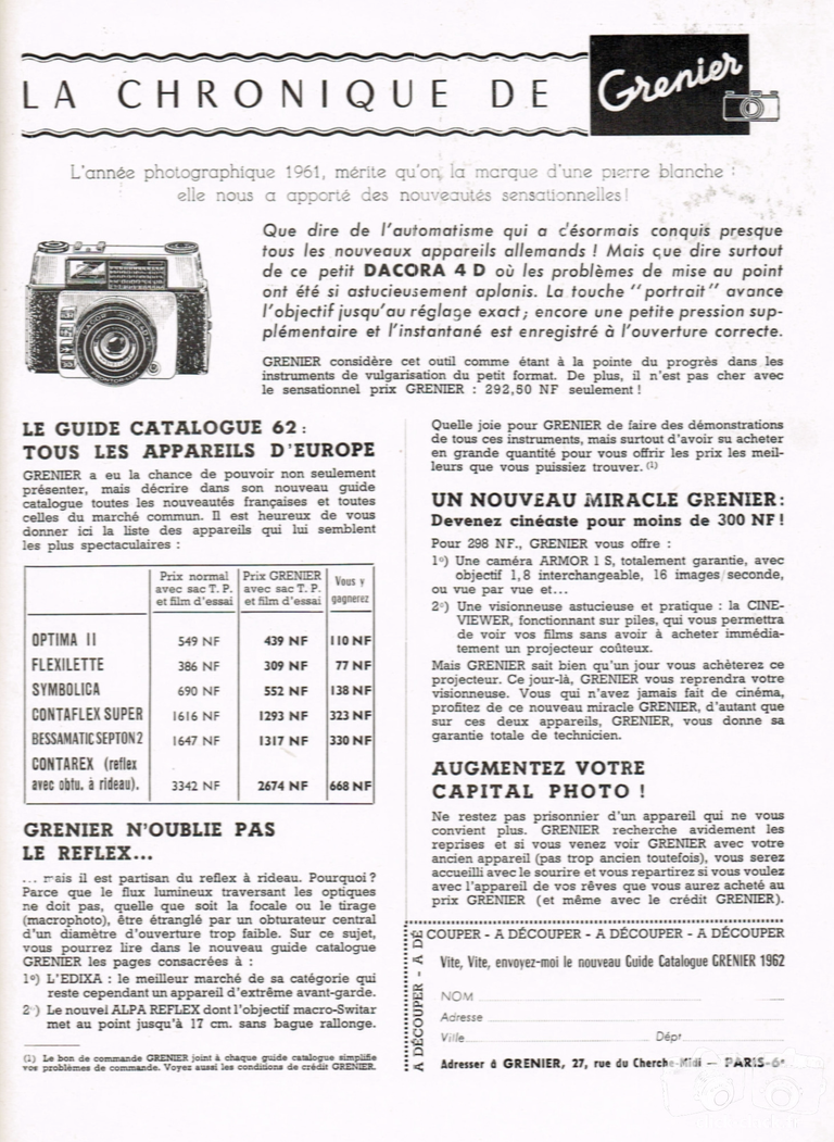 Grenier-Natkin - Dacora 4 D, Optima II, Flexilette, Symbolica, Contaflex Super, Bessamatic, Edixa, Alpa Reflex, Armor, Ciné Viewer - juin 1961 - Photo-Cinéma