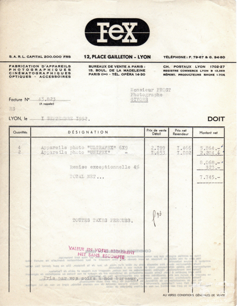 Fex-Indo - Facture Ultra-Fex, Uni-Fex - 1 septembre 1952