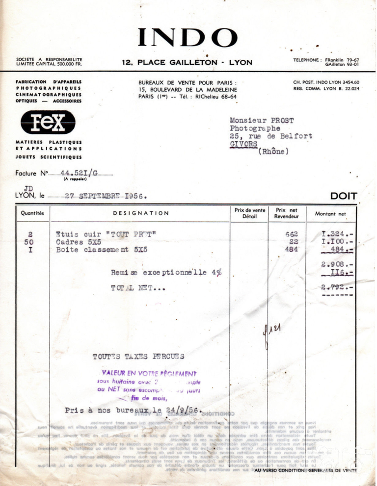 Fex-Indo - Facture Etui tout-prêt, Cadres 5x5, Boîte de classement 5x5 - 27 septembre 1956