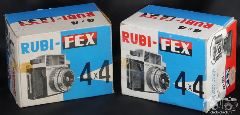 Fex-Indo - Comparaison de la boîte du Rubi-Fex version 6 avec celle d'un modèle plus récent. Seule la couleur du mot RUBI passe du bleu au rouge.