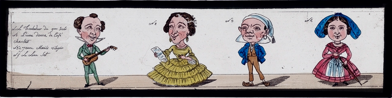 Caricatures : N°1 Le Troubadour du 19e siècle N°2 Prima donna de Café chantant N°3 et 4 Jeunes Mariés Villageois N°5 Le Lion Sot