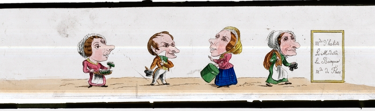 Caricatures - Grotesques - Madame d'habits, La Modiste, Le Banquier, Madame de Fleurs.
