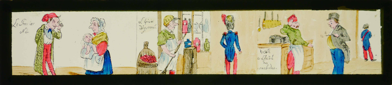 Caricatures - Grotesques - Le Premier né - L'épicier dégommé - Visite à l'hôtel des invalides.