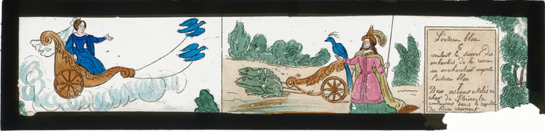 L'oiseau bleu 6 : Voulant le sauver des embuches de la reine un enchantement emporte l'oiseau bleu. 7 : Deux oiseaux attelés au char de la Florine la conduisent dans la capitale du Prince charmant.