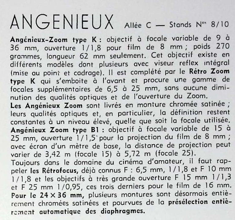 Angénieux - Zoom type K, Retro-Zoom type K, Zoom type B1, Retrofocus - mars avril 1960 - Caméra huit n°15