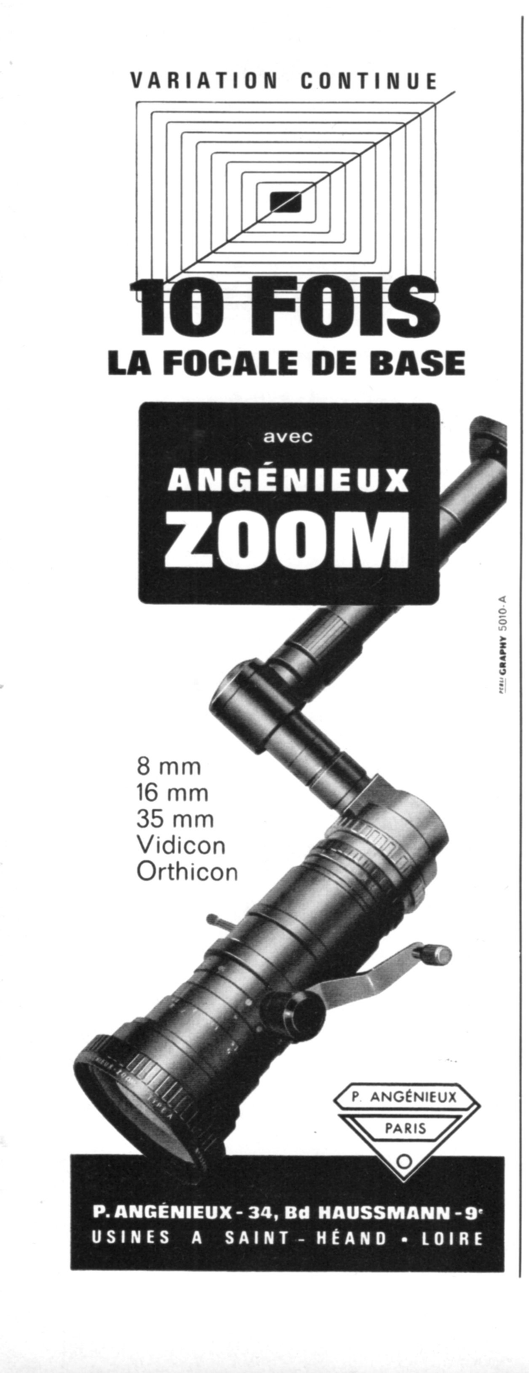 Angénieux - Zoom 8 mm, 16 mm, 35 mm, Vidicon, Orthicon - 1965