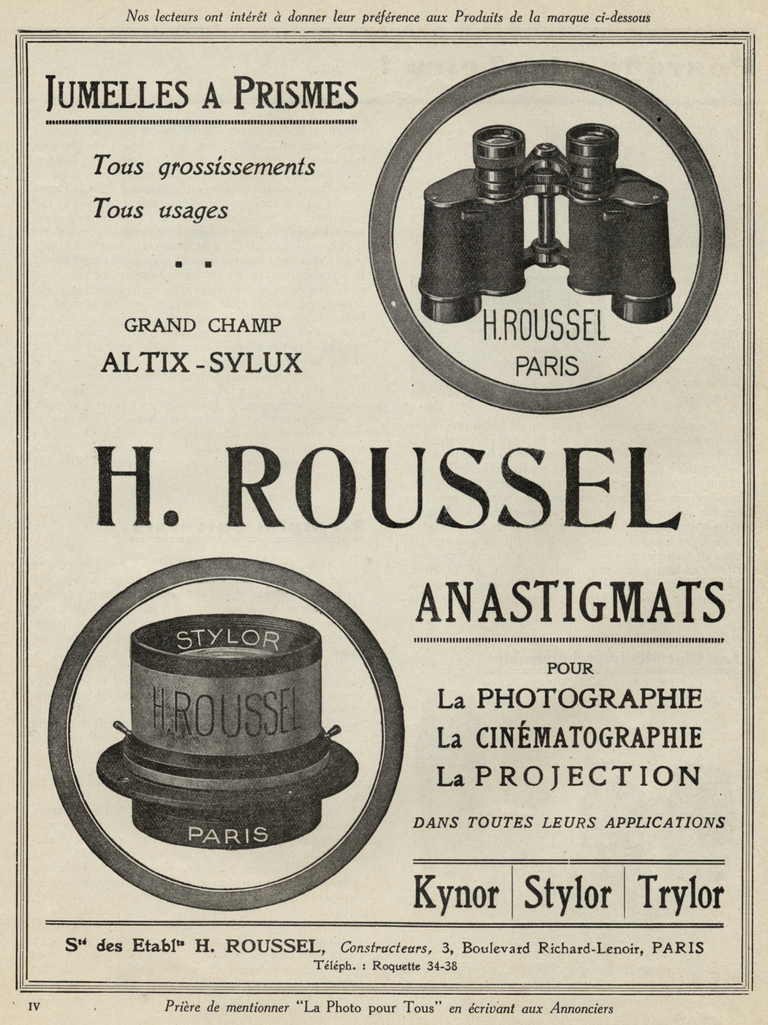 Roussel - Jumelles à prismes, objectif Altix-Stylux, Kynor, Stylor, Trylor - La Photo pour Tous - 1933