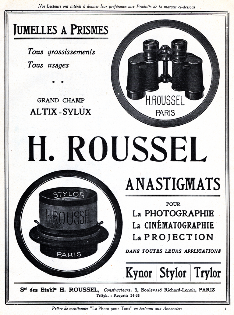 Roussel - Jumelles à prismes, objectif Altix-Stylux, Kynor, Stylor, Trylor - La Photo pour Tous - 1935