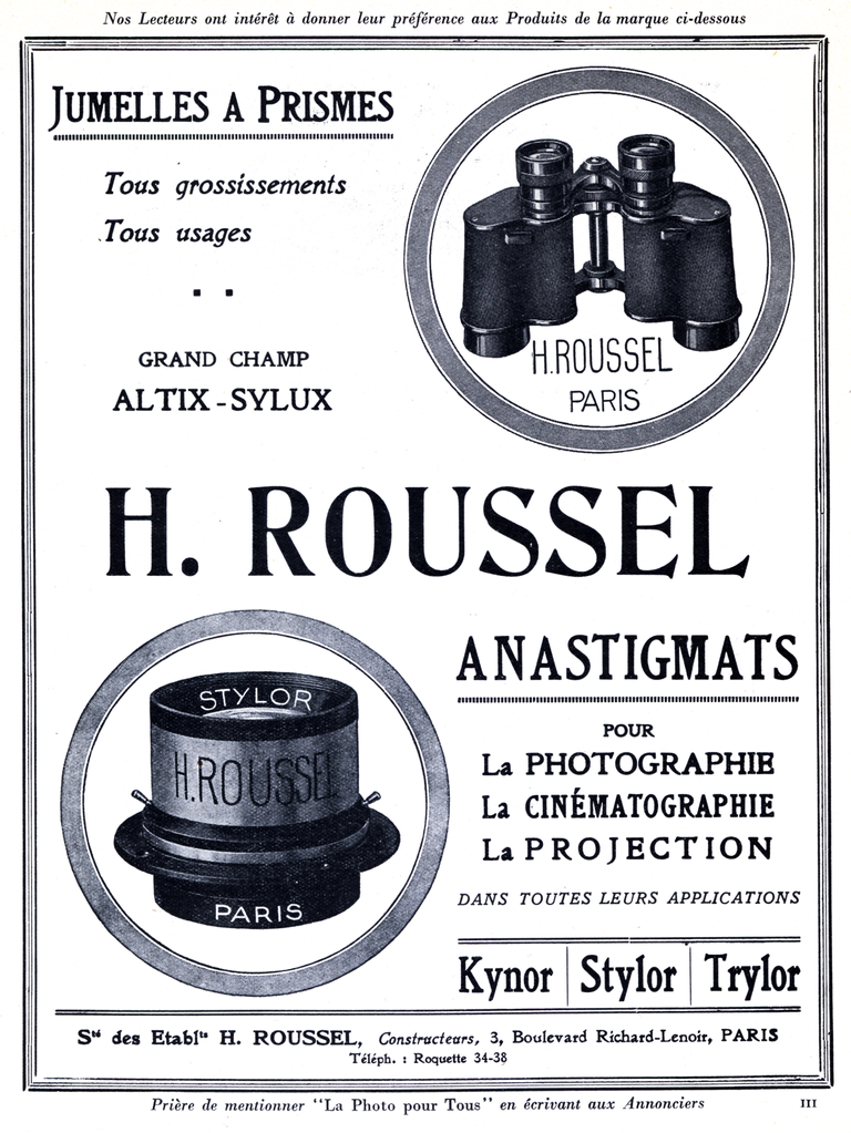 Roussel - Jumelles à prismes, objectif Altix-Stylux, Kynor, Stylor, Trylor - La Photo pour Tous - 1936
