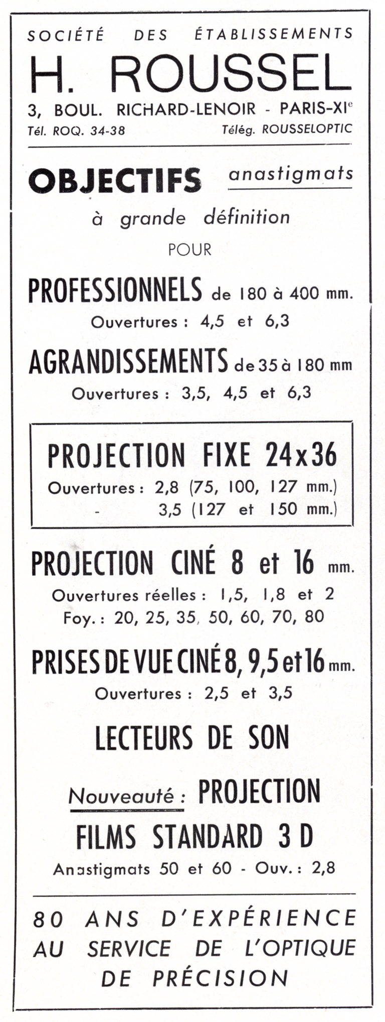 Roussel - Objectifs professionnels, agrandissement, projection fixe, projection ciné, prise de vues ciné, lecteur de son, projection film 3D - 1953