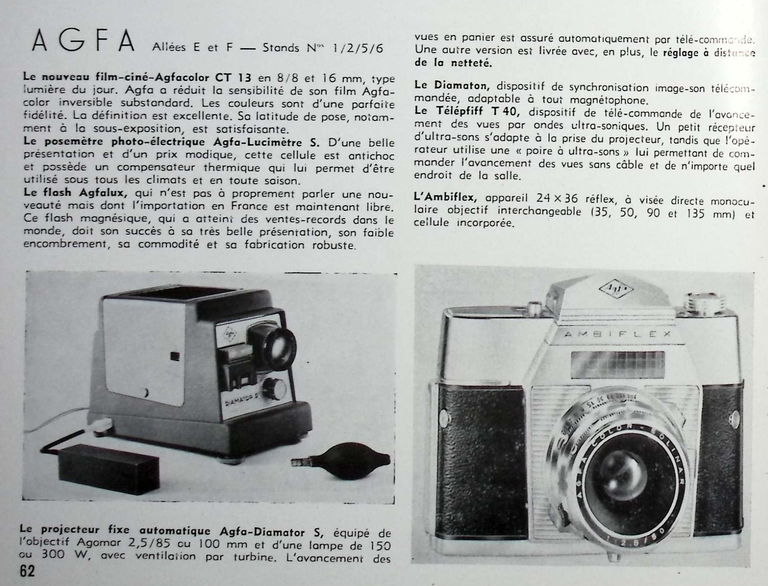 Agfa - Film CT 13, Posemètre Lucimètre, Flash Agfalux, Projecteur diapos Diamator S, Diamaton, Telepfiff T40, Ambiflex - mars avril 1960 - Caméra huit n°15