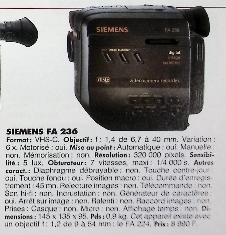 Siemens caméscope VHS-C FA 236 - Photo - février 1991
