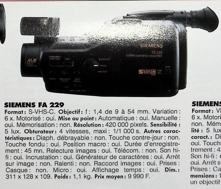 Siemens caméscope S-VHS-C FA 229 - Photo - février 1991