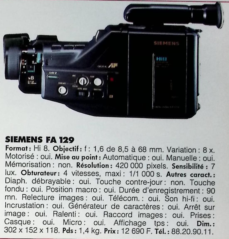 Siemens caméscope Hi8 FA 129 - Photo - février 1991