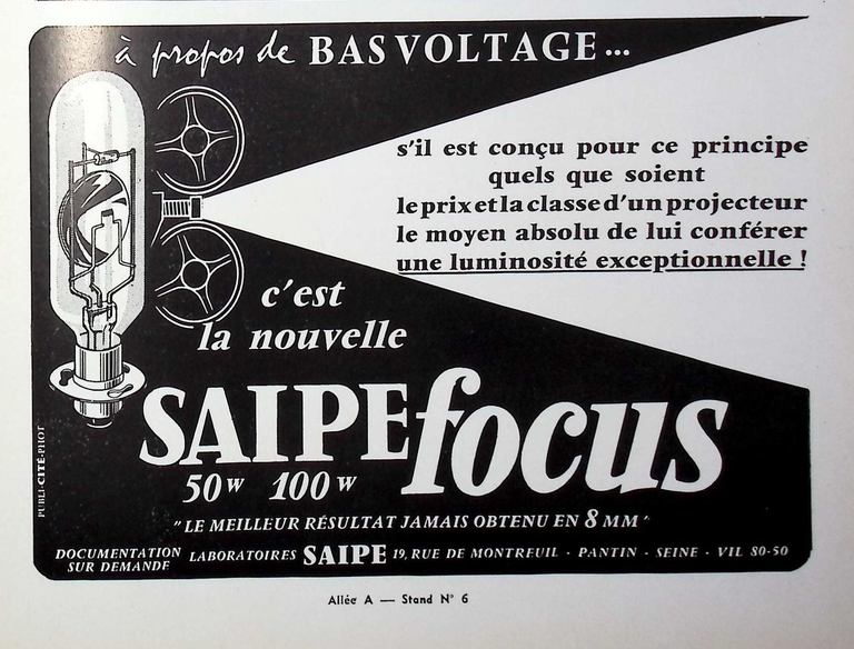 Saipe - Lampe focus 50 W, Super focus 100 W, SaipAmbia, SaipLight SL, SaipLight SLJ - mars avril 1960 - Caméra huit n°15