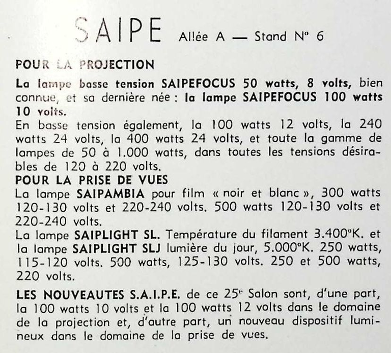 Saipe - Lampe focus 50 W, Super focus 100 W - mars avril 1960 - Caméra huit n°15