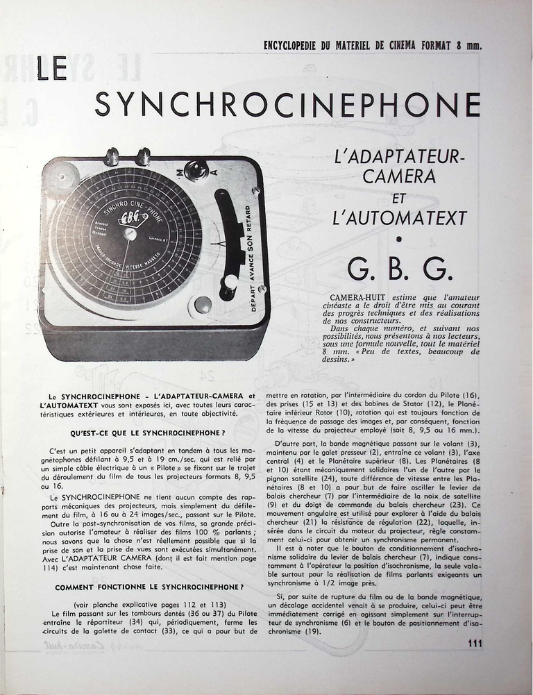 G.B.G. - Synchro-Ciné-Phone - mai juin 1959 - Caméra huit n°11