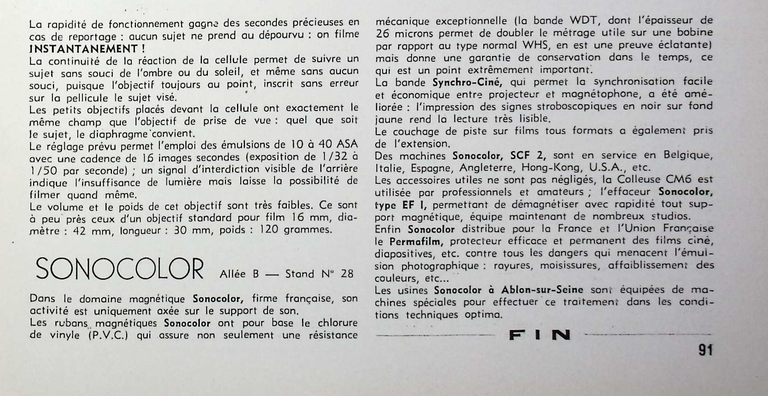 Sonocolor - Bandes magnétiques Synchro-Ciné, machine SCF 2, Colleuse C.M. 6, Effaceur EF 1, protecteur Permafilm - mars avril 1960 - Caméra huit n°15