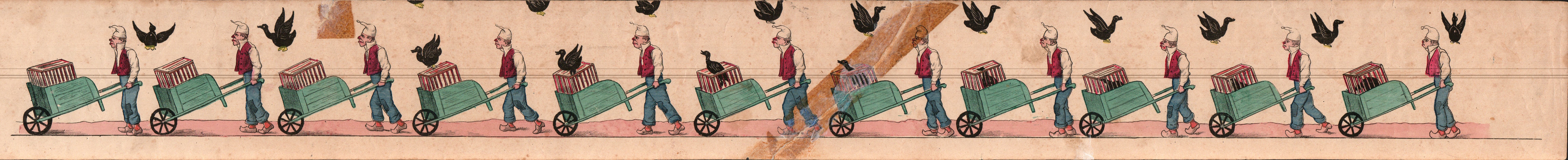 Canard, brouette et fermier