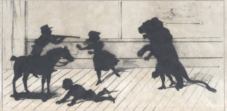 Théâtre d'ombres Loïe Füller - Scène avec le lion (qui fait beaucoup penser à Benjamin Rabier)