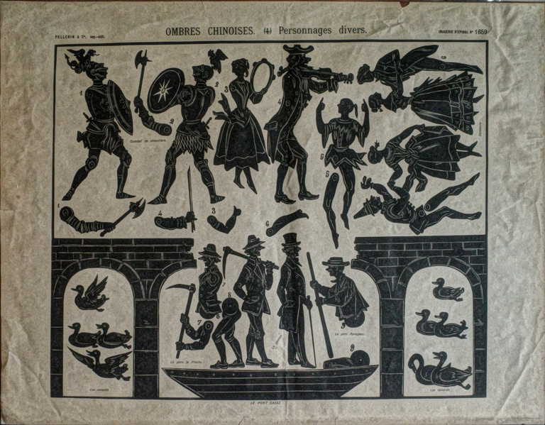 Théâtre d'ombres Loïe Füller - silhouettes de personnages divers dont l'histoire du pont cassé