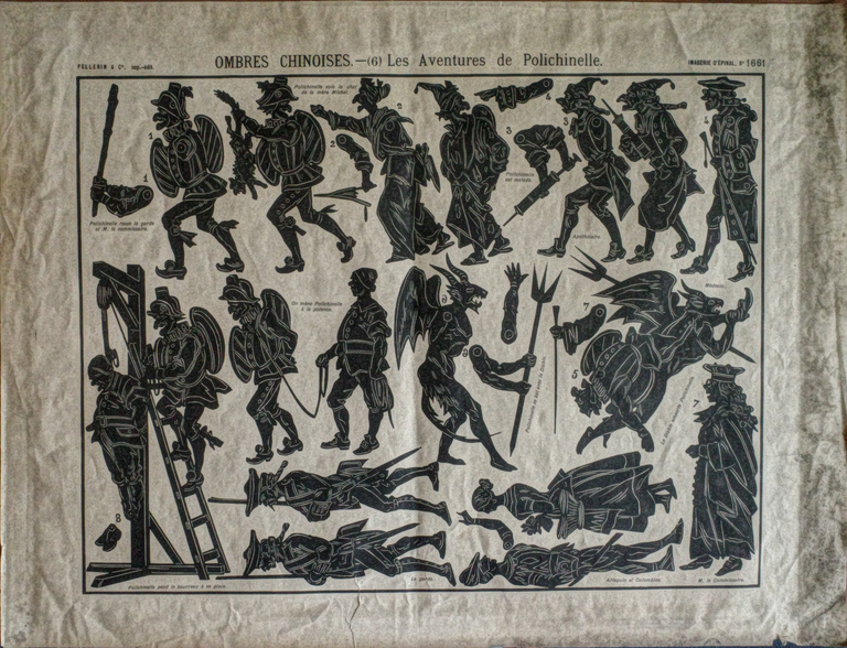 Théâtre d'ombres Loïe Füller - silhouettes de personnages des Aventures de Polichinelle